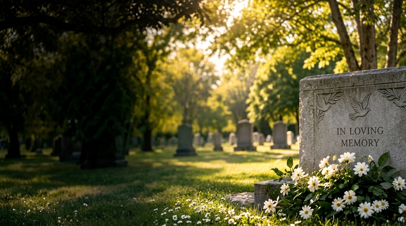 Peaceful cemetery grounds with wildflowers, sunlit trees, and memorial headstone